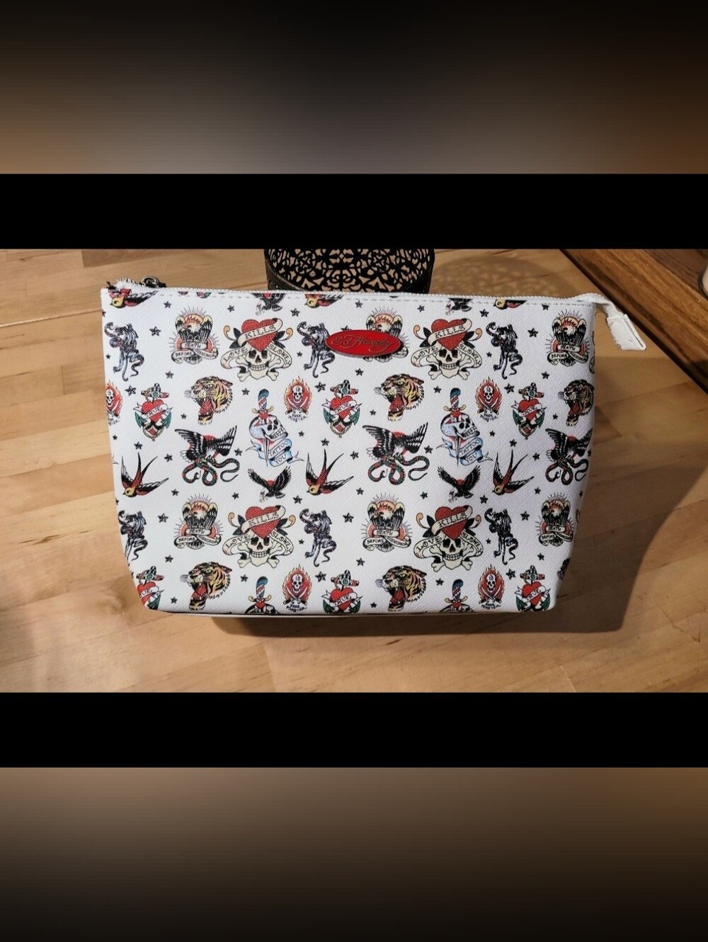 Ed Hardy White Tattoo Print Zip Pouch